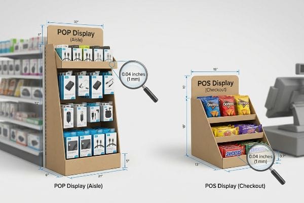 Comparing POP Aisle Display with electronics and POS Checkout Display with snacks, highlighting 0.04 inches (1 mm) tolerance.