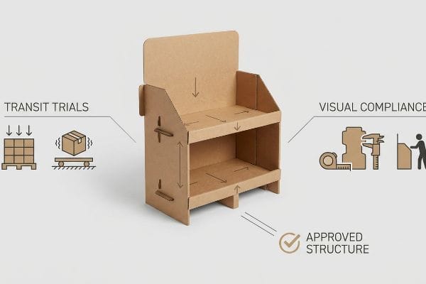 Corrugated retail display undergoing ISA tests, featuring Transit Trials, Visual Compliance, and Approved Structure, with icons.