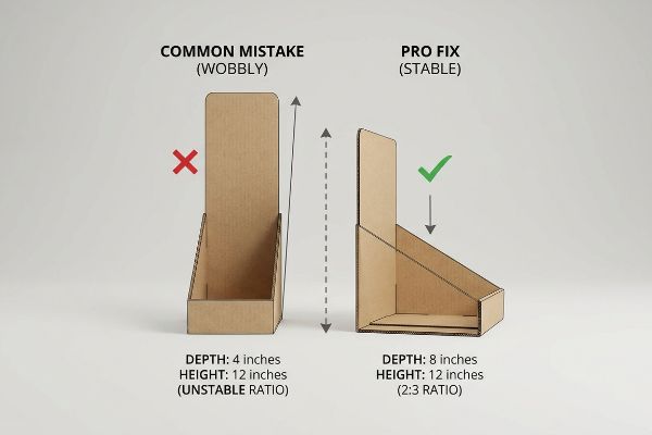 Brown corrugated cardboard display trays illustrate the 2:3 depth-to-height stability ratio, contrasting an unstable 4-inch depth common mistake with a stable 8-inch depth pro fix.