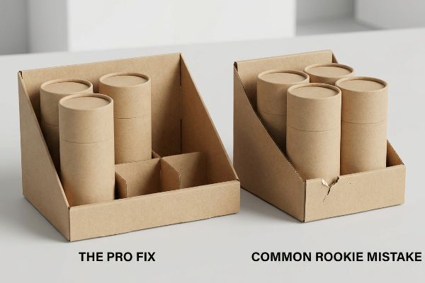 Kraft paperboard display trays comparing The Pro Fix with modular dividers to a damaged Common Rookie Mistake without dividers, holding cylindrical containers.