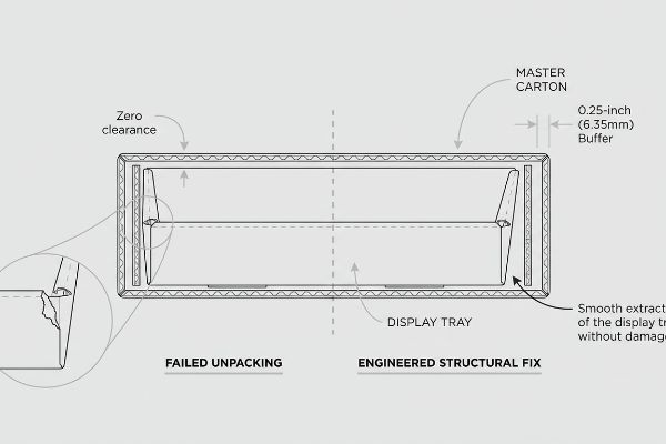 Diagram of Failed Unpacking (Zero Clearance, Display Tray tearing) vs. Engineered Structural Fix (0.25-inch Buffer, smooth extraction).