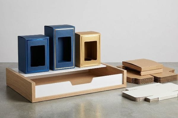 High-contrast blue and gold retail display boxes with die-cut windows on a white and wood tray, alongside flat-packed brown and white packaging.