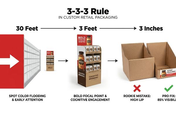 Visualizing the 3-3-3 Rule for Custom Retail Packaging: Spot Color Flooding, Bold Focal Point, and High Lip vs. 85% Visibility.