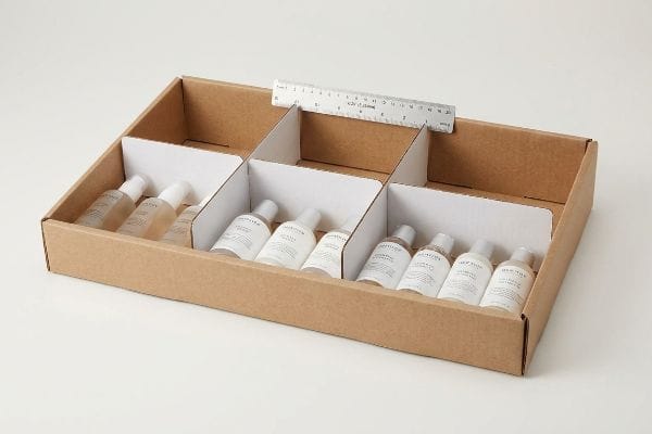 Modular Display Tray Bottles Kraft cardboard display tray with white modular dividers, holding Harmonize bottles, and a ruler for precise spacing.