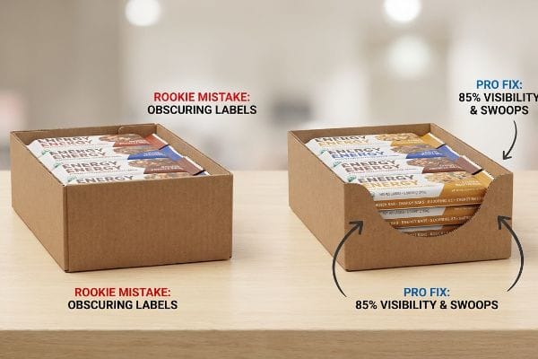 Two corrugated cardboard display trays, one showing a Rookie Mistake obscuring Energy bar labels, the other a Pro Fix with 85% Visibility and die-cut swoops.
