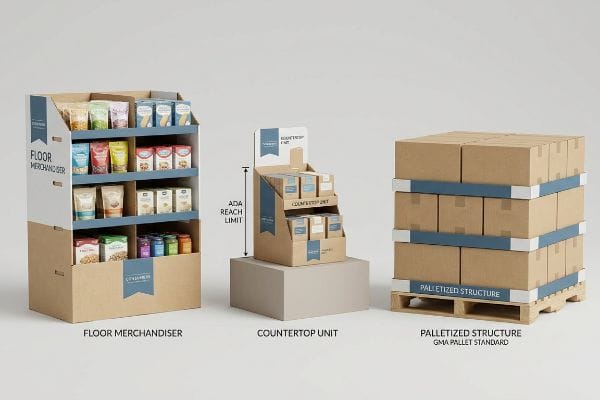 Brown cardboard retail displays: Floor Merchandiser, Countertop Unit (ADA Reach Limit), and Palletized Structure (GMA Pallet Standard).