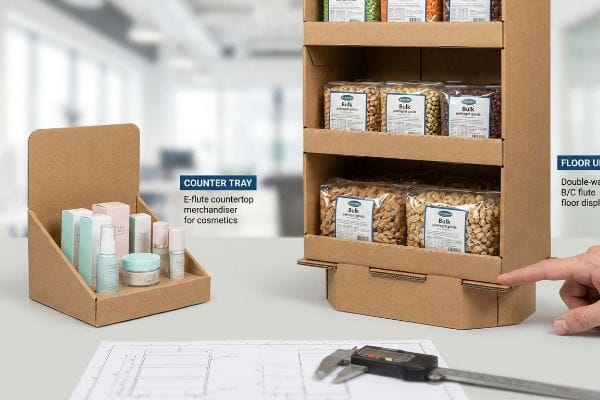 用于化妆品的牛皮纸板 E 型瓦楞柜台托盘和用于散装包装商品的双层 B/C 型瓦楞落地式货架,图纸上有卡尺。.