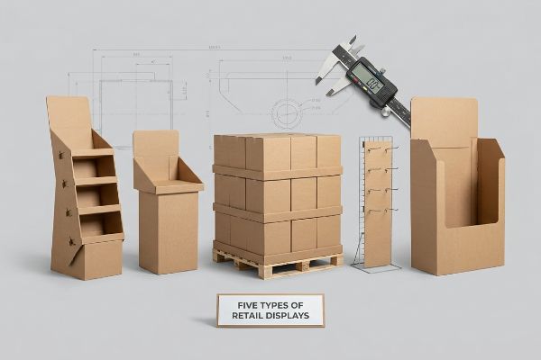 Corrugated retail displays: floor stand, countertop, pallet, sidekick, end-cap, with digital caliper and blueprints.