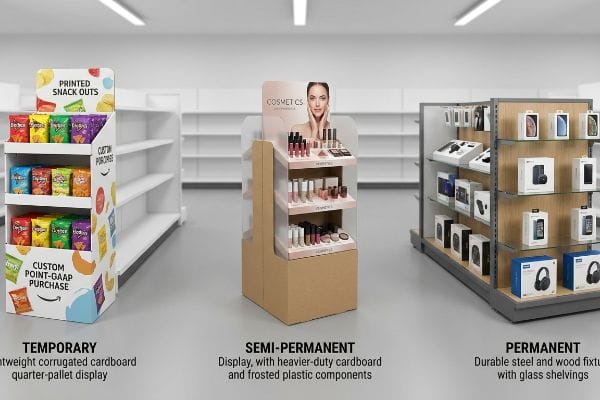 Temporary corrugated snack quarter-pallet, Semi-Permanent cosmetics with frosted plastic, and Permanent steel and wood electronics displays.