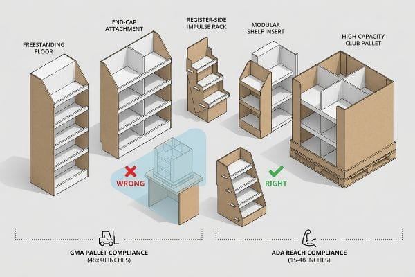 Cardboard retail displays: Freestanding Floor, End-Cap, Register-Side, Modular, and High-Capacity Club Pallet, showing GMA 48x40 and ADA 15-48 inch compliance.