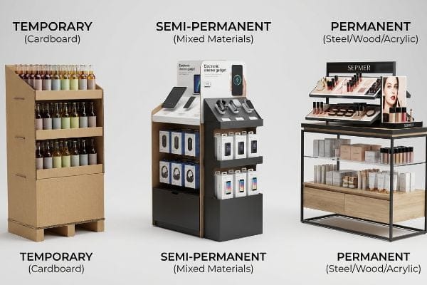 Temporäre Getränkeaufsteller aus Karton, semipermanente Elektronik aus verschiedenen Materialien, permanente Kosmetik aus Stahl, Holz und Acryl.