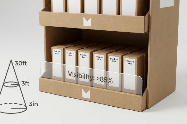 Cardboard retail display with Product Boxes, clear retaining lip showing 'Visibility: >85%', and a cone diagram for 30ft, 3ft, 3in spatial strategy.