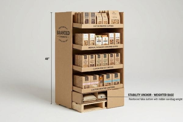 Professional Branded 48-inch corrugated display with five tiers of custom cartons and a weighted base showing hidden sandbag weight.