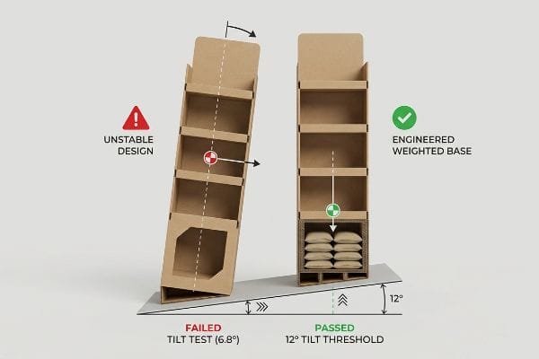 Brown corrugated cardboard displays demonstrating stability. An Unstable Design fails at 6.8-degree tilt; an Engineered Weighted Base passes 12-degree threshold.