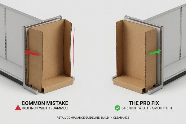 Corrugated cardboard display units show a Common Mistake: 36.0 inch width jammed in a metal gondola, contrasted with The Pro Fix: 34.5 inch width for a smooth fit, emphasizing retail compliance.