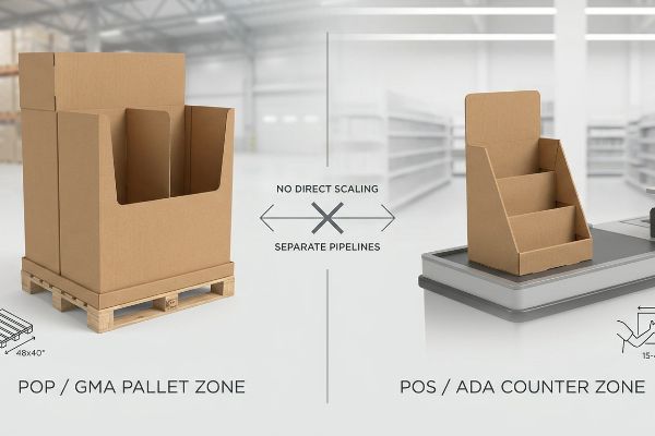 Brown cardboard displays for POP GMA Pallet Zone (48x40) and POS ADA Counter Zone (15-48), highlighting no direct scaling and separate pipelines for retail display engineering.