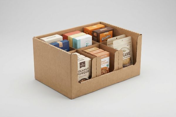 A retail-ready corrugated cardboard PDQ display organizes various products, including boxes of Rookies, Coconut Powder, Whey Flitches, and Organic items.
