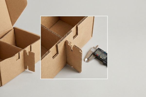 Natural brown corrugated cardboard interior divider measured by a digital caliper displaying 3.50mm, highlighting slot tolerance.