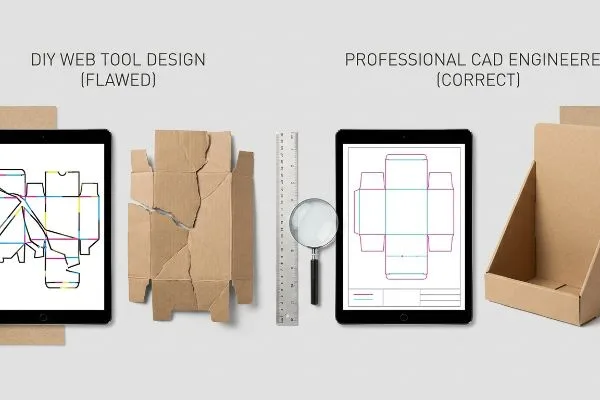 Flawed DIY Web Tool Design shows a broken kraft cardboard box, contrasted with Professional CAD Engineered (Correct) die-line and sturdy display stand.