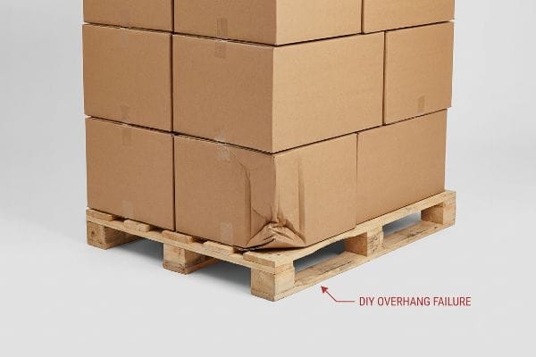 Brown cardboard boxes stacked on a wooden pallet, showing a crushed bottom box corner from DIY Overhang Failure.