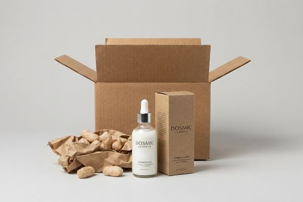 White Dosmic Cosmetic Pre-Age Lotion dropper bottle and its secondary Cosmetic Lotion box, with crumpled paper and void fill, sit before an open brown cardboard shipping box.