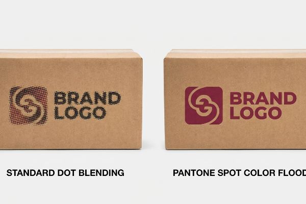 Brown corrugated boxes show grainy Standard Dot Blending vs. solid Pantone Spot Color Flood for Brand Logo.