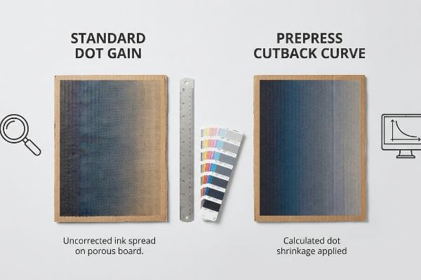 Porous board samples comparing Standard Dot Gain with uncorrected ink spread to Prepress Cutback Curve showing calculated dot shrinkage for smooth gradients.