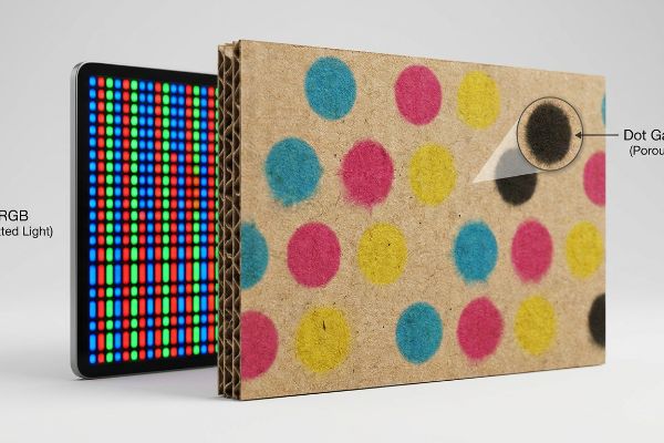 RGB pixel display contrasts with corrugated cardboard showing CMYK dots and magnified Dot Gain on porous material.
