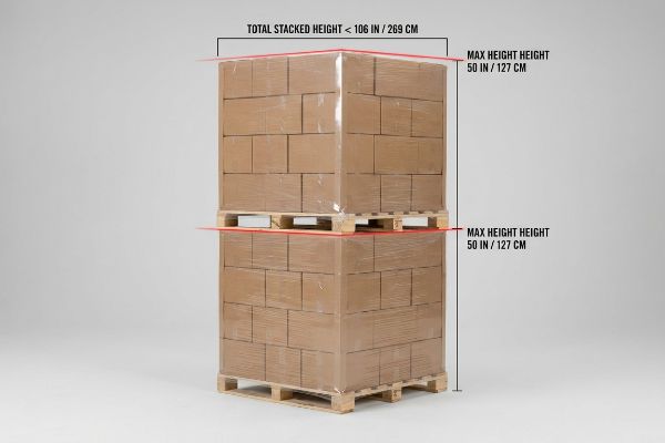 Two double-stacked pallets of brown cardboard boxes wrapped in clear plastic, showing 'Total Stacked Height < 106 In / 269 Cm' and 'Max Height Height 50 In / 127 Cm' measurements.