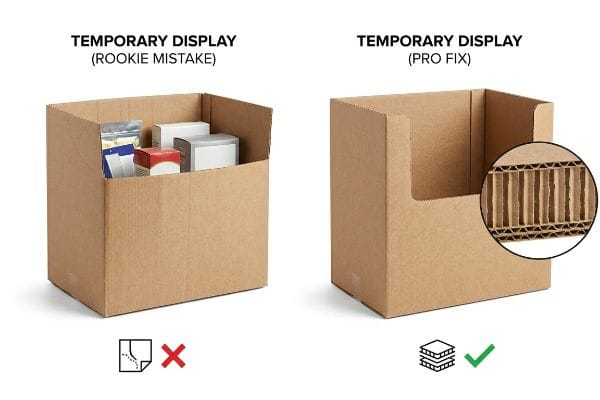 Brown corrugated Temporary Display comparison, showing a Rookie Mistake open-top bin with products and a Pro Fix double-wall B-flute display.