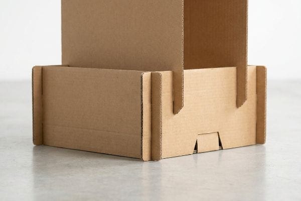 Socle en carton ondulé double paroi brun pour présentoir de vente au détail, mettant en valeur sa construction robuste et ses languettes d'emboîtement.