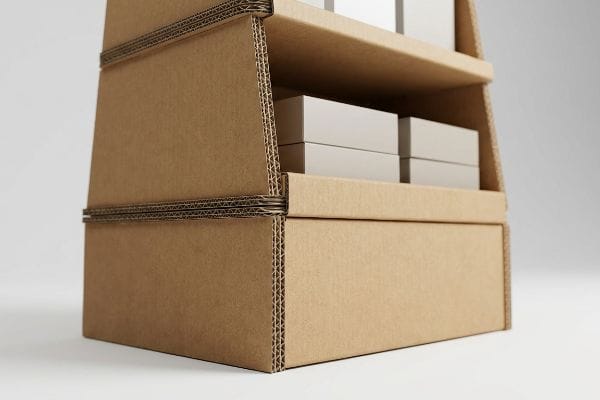 Brown corrugated cardboard display stand with two shelves, holding white boxes, showcasing double-wall construction.
