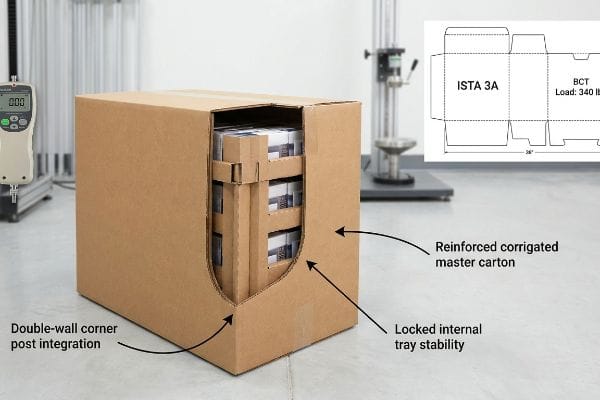 Reinforced corrugated master carton with double-wall corner post and locked internal tray stability, ISTA 3A, BCT Load 340 lbs.