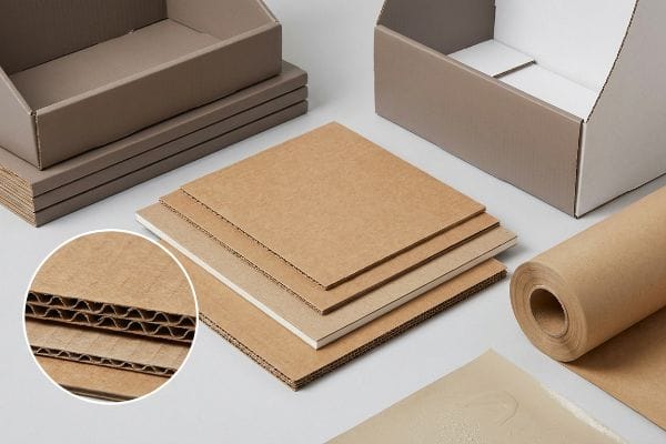 An array of corrugated cardboard sheets, display boxes, and kraft paper roll, with a close-up showing double-wall flutes.