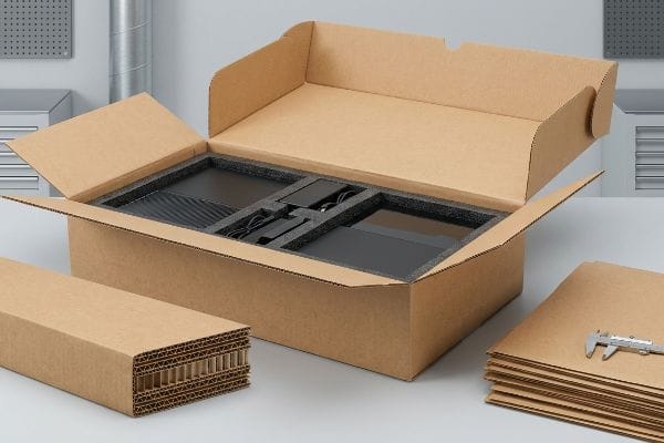 Brown corrugated cardboard box with black foam inserts protecting electronics, alongside double-wall corrugated sheets and a caliper.
