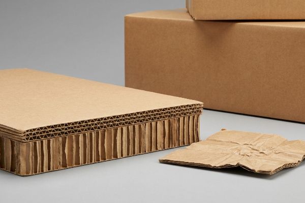 Double-wall corrugated cardboard sheets revealing fluted layers and virgin kraft paper for structural integrity.
