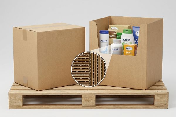 Double-wall corrugated boxes on a pallet, one sealed, one open-top display with generic products, showing magnified fluting.