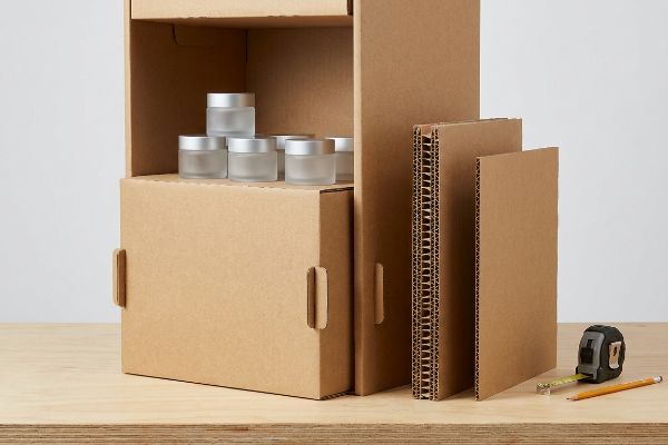 Double-wall corrugated cardboard display with frosted glass cosmetic jars, alongside stacked corrugated sheets and a tape measure.