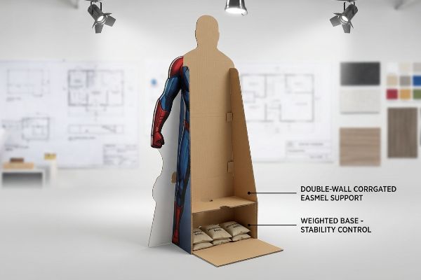 Cardboard standee back showing double-wall corrugated easel support and a weighted base for stability control with sandbags.