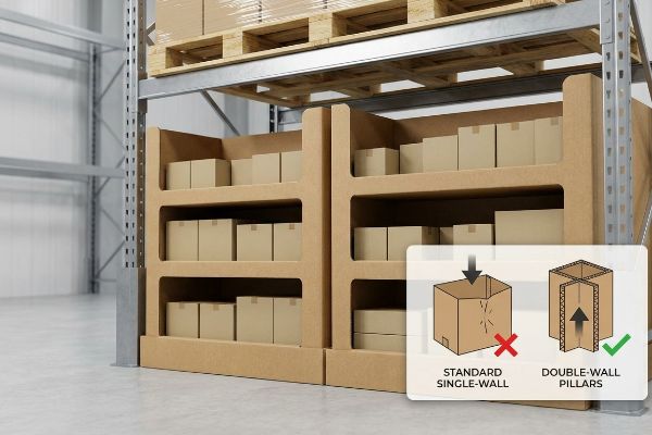 Corrugated warehouse display with Double-Wall Pillars supporting pallet weight, contrasted with Standard Single-Wall failure.