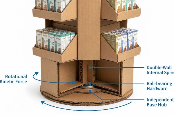 Kinetic cardboard spinner base showing Double-Wall Internal Spine, Ball-Bearing Hardware, Independent Base Hub, and Rotational Kinetic Force.