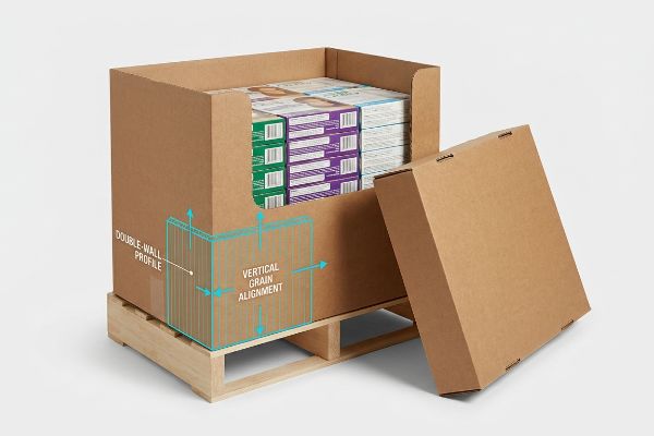 Brown corrugated cardboard shelf-ready packaging on a pallet, highlighting Double-Wall Profile and Vertical Grain Alignment for strength.