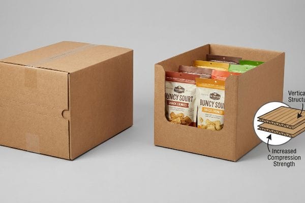 Caixas de papelão ondulado marrom, uma fechada e outra aberta, prontas para exposição, contendo os biscoitos Buncy Sourt Snack Crackers, destacando a estrutura vertical de parede dupla para maior resistência à compressão.