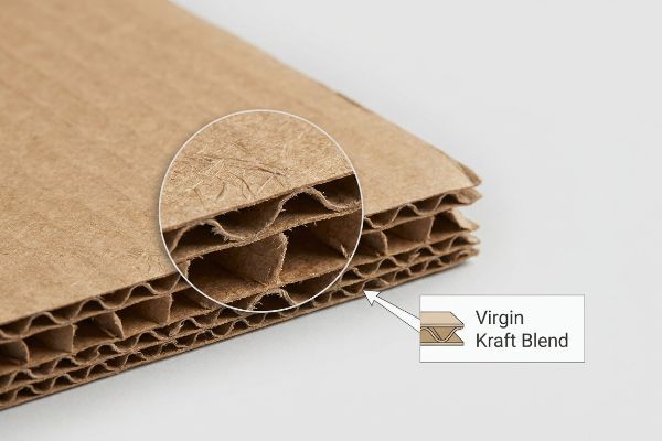 Detailed cross-section of double-wall corrugated cardboard, showing internal flutes and a Virgin Kraft Blend top liner with visible fibers.