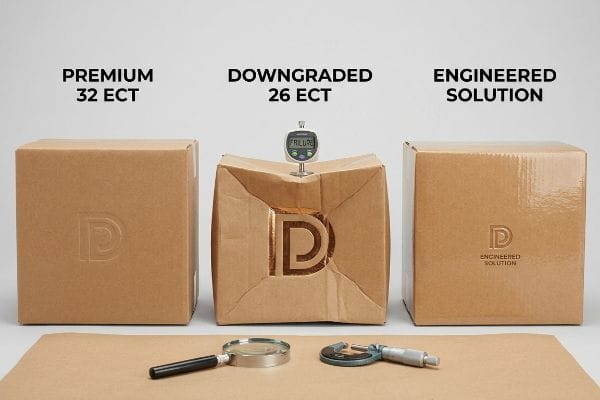 Three corrugated boxes: Premium 32 ECT, a crushed Downgraded 26 ECT with 'Failure' gauge, and an intact Engineered Solution box.