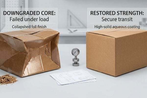 A crushed cardboard box with 'Downgraded Core: Collapsed Foil Finish' beside a sturdy box with 'Restored Strength: High-Solid Aqueous Coating'.
