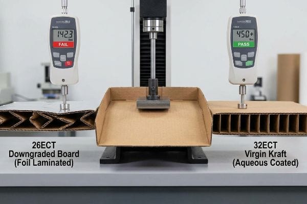 Corrugated board compression test comparing 26ECT Downgraded Board (Foil Laminated) failing at 142.3 lbs with 32ECT Virgin Kraft (Aqueous Coated) passing at 450+ lbs.