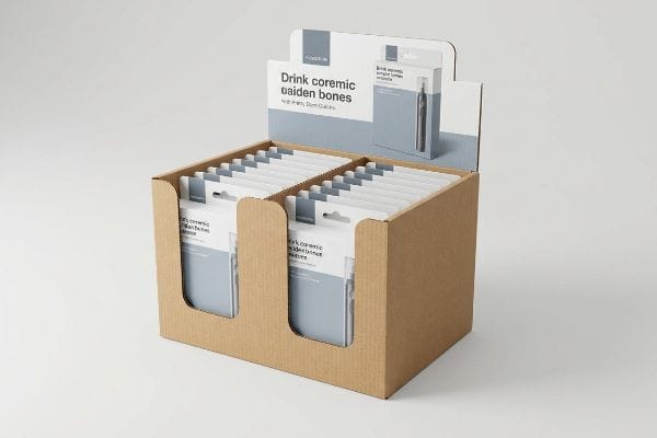 A brown cardboard PDQ display showcases multiple packages of Drink Coremic Oaiden Bones, with a header featuring a single product and 'High-Purity Drom Oaiden' text.