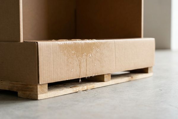 De l'eau s'écoule d'une boîte en carton ondulé humide posée sur une palette en bois, illustrant les dégâts causés par l'humidité à l'emballage.