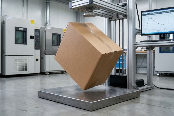 Brown corrugated cardboard box mid-air during an ISTA drop test, with a monitor showing 'Drop Sequence - Corner Impact' data in a testing lab.